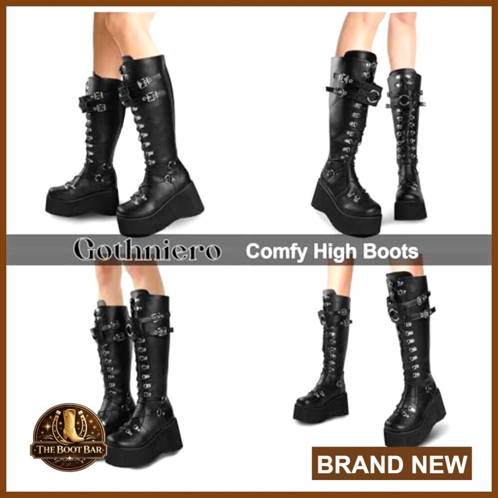 Black Leather Platform Combat Boots with Chunky Heel and Lace Up Closure - Picture 5 of 7
